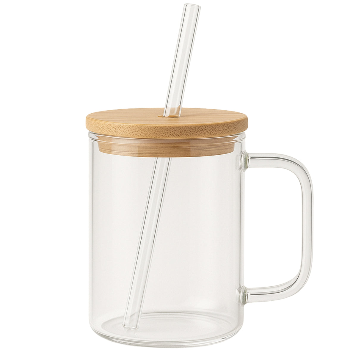 Mug Vidrio 450mL Bombilla Tapa Bambú Té Infusiones. Ideal para bebidas frías o calientes. ¡Reutiliza con estilo!-1