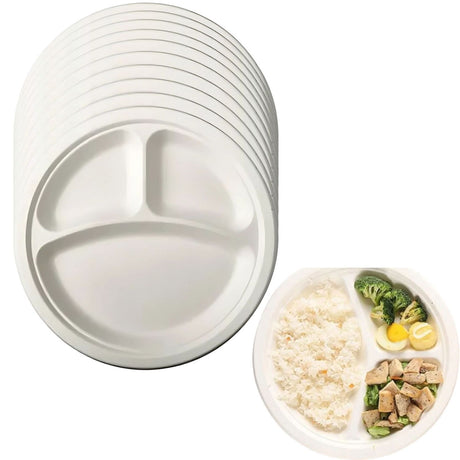 Set 100 Platos 3 Divisiones 20cm Blanco Cartón Desechable. Ideal para almuerzos completos. Firmeza y orden en cada porción. ¡Compra hoy!-1