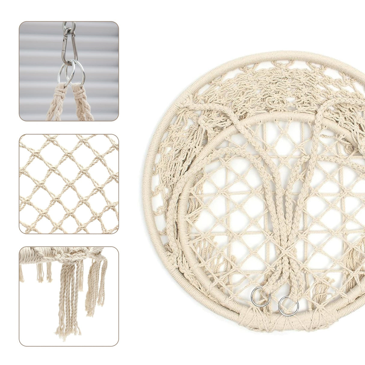 Silla colgante de macramé para interiores y exteriores. Soporta 149 kg. Diseño elegante y resistente. Relájate en casa o jardín. ¡Compra la tuya hoy!-1-4-1-1