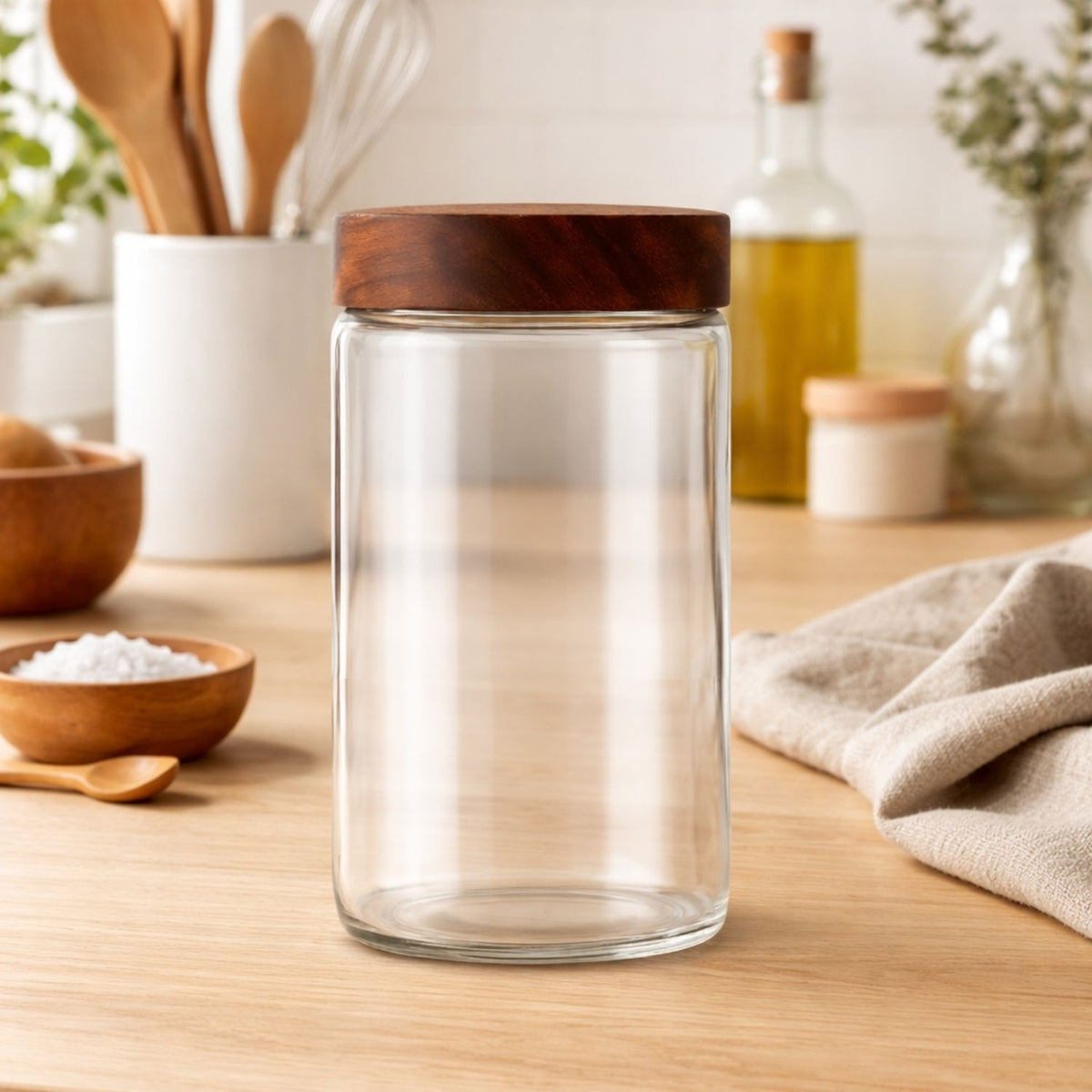 Frasco de Vidrio de 1L con Tapa de Madera