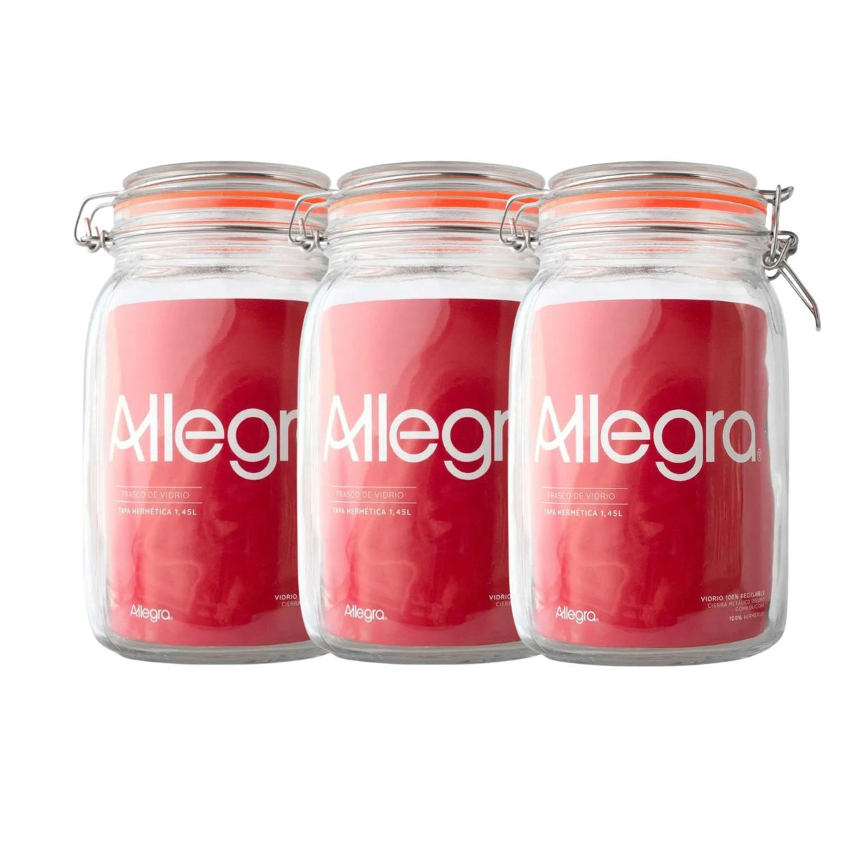 Set 3 Frascos Vidrio Con Tapa Hermetica De 1450mL Allegra