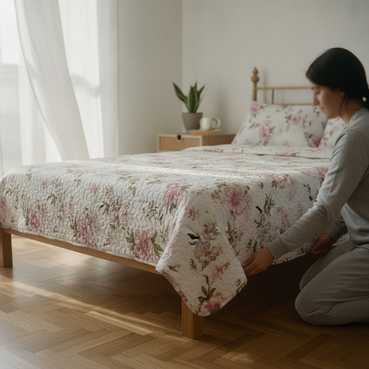 Cubrecamas Quilt 2.5 Plazas Flowers Collection Rosa