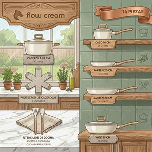 Batería Cocina 14 Piezas Aluminio Antiadherente Flow Crema