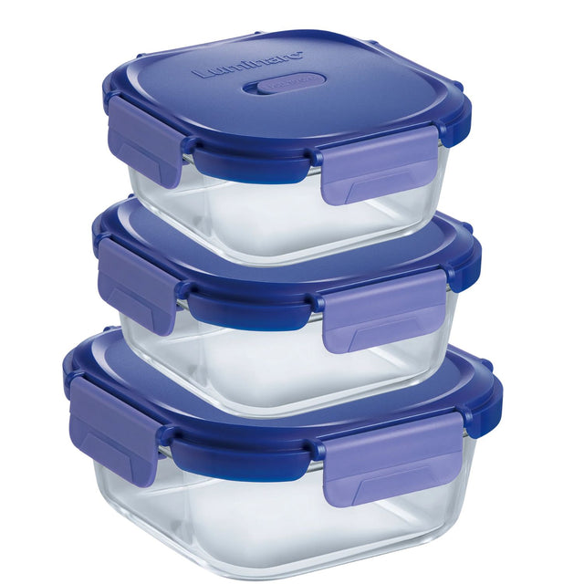 Set 3 Contenedores Vidrio Hermeticos Cuadrados Luminarc. Conserva tus alimentos con estilo y seguridad. ¡Apila y organiza mejor, compra hoy!-1
