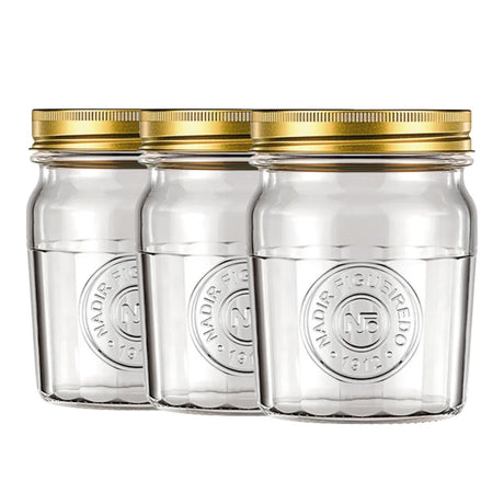 Set 3 Frascos Americano Vintage Vidrio 500ml Tapa Dorada. Perfectos para almacenar y decorar tu hogar con estilo. ¡Compra ahora y transforma tu espacio!-1-1