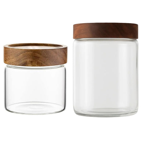 Set 2 Frascos Vidrio Tapa De Madera 500mL + 750mL Allegra. Perfectos para almacenar y decorar tu cocina. ¡Compra ahora y organiza con estilo!-1-1