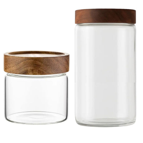 Set 2 Frascos Vidrio Tapa De Madera 500mL + 1000mL Allegra. Perfectos para almacenar y decorar tu cocina. ¡Compra ahora y organiza con estilo!-1-1