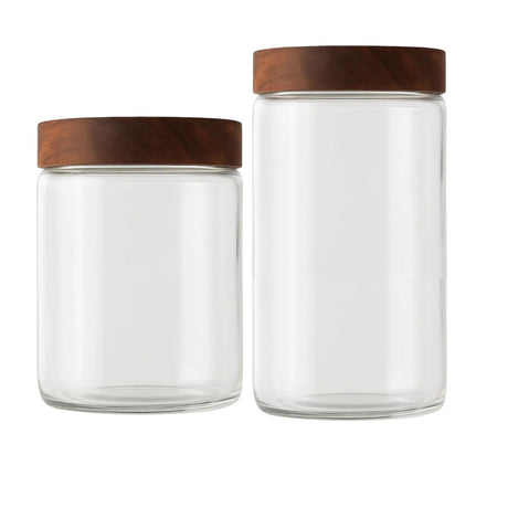 Set 2 Frascos Vidrio Tapa De Madera 750mL + 1000mL Allegra. Perfectos para almacenar alimentos frescos y decorativos. ¡Compra ahora y organiza tu cocina!-1-1