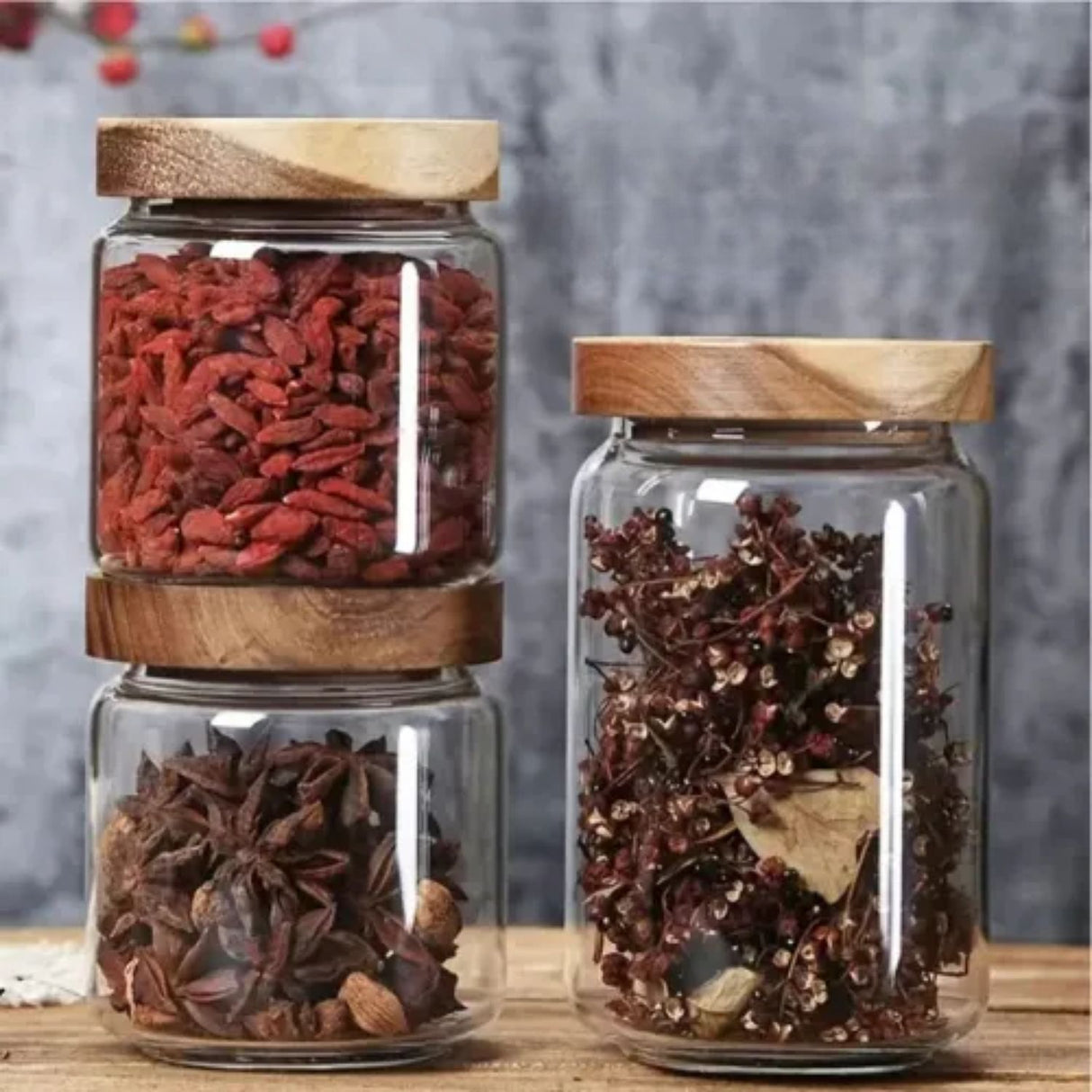 Set 2 Frascos Vidrio Tapa De Madera 750mL + 1000mL Allegra. Perfectos para almacenar alimentos frescos y decorativos. ¡Compra ahora y organiza tu cocina!-1-3