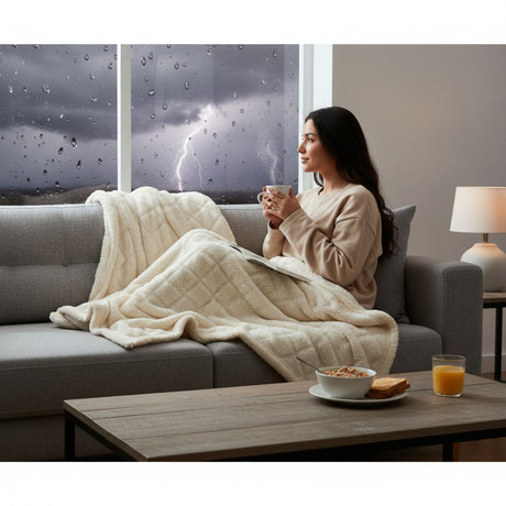 Manta Jacquard Polar Sherpa Martiné Crema 127x152 cm. Textura cálida y confortable perfecta para disfrutar en invierno o noches frías. ¡Aprovecha ahora!-2