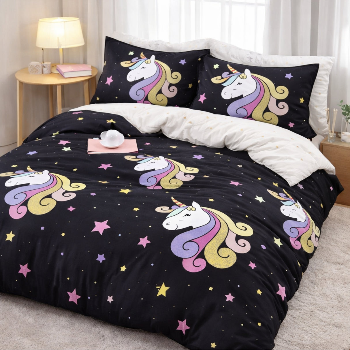 Juego de Sábanas Unicornio Fondo Negro 1.5 Plazas Poliéster Diseño Infantil | Disparo.cl