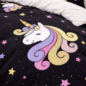 Juego de Sábanas Unicornio Fondo Negro 1.5 Plazas Poliéster Diseño Infantil | Disparo.cl