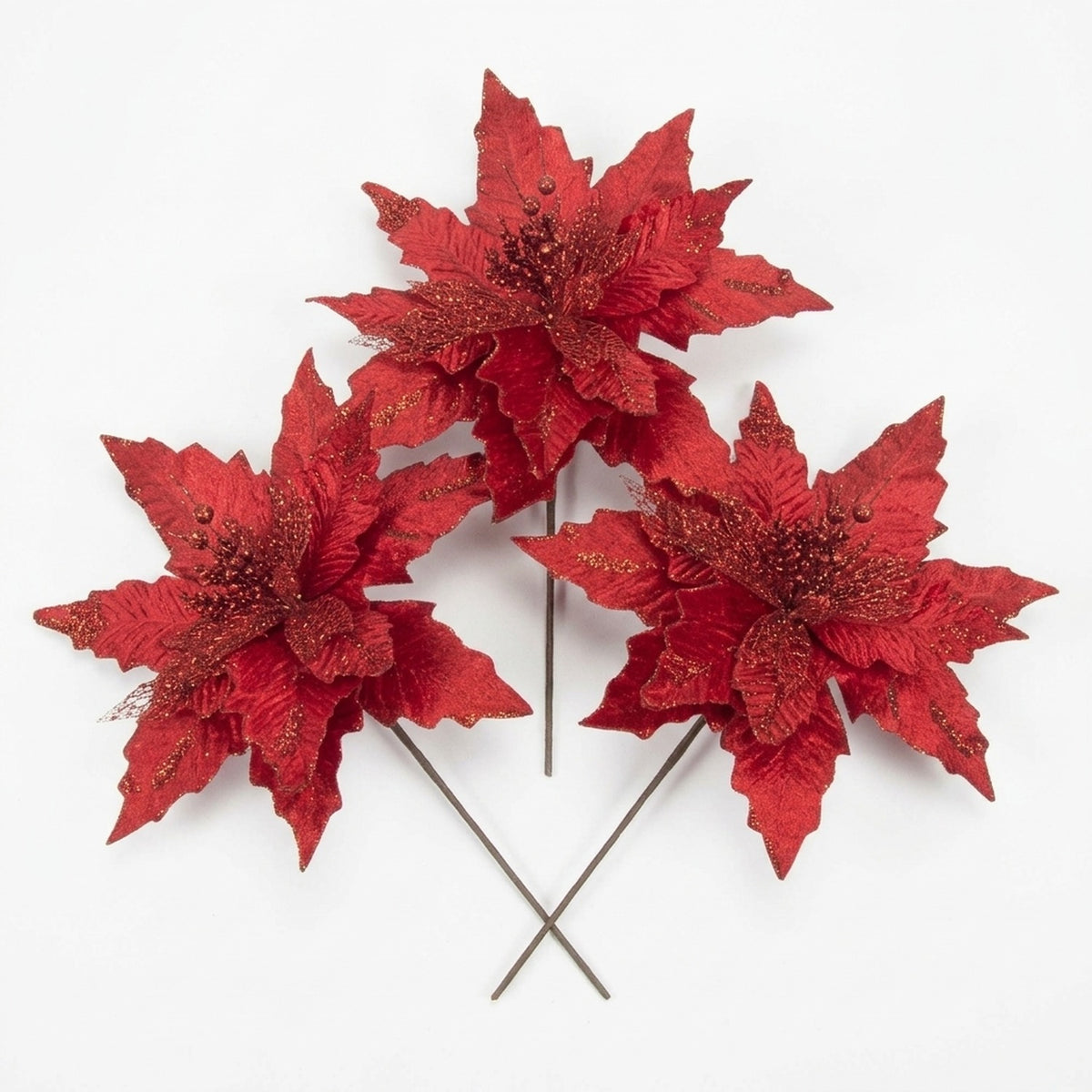 Set 3 Flores Poinsettia Tallo 30cm Navidad