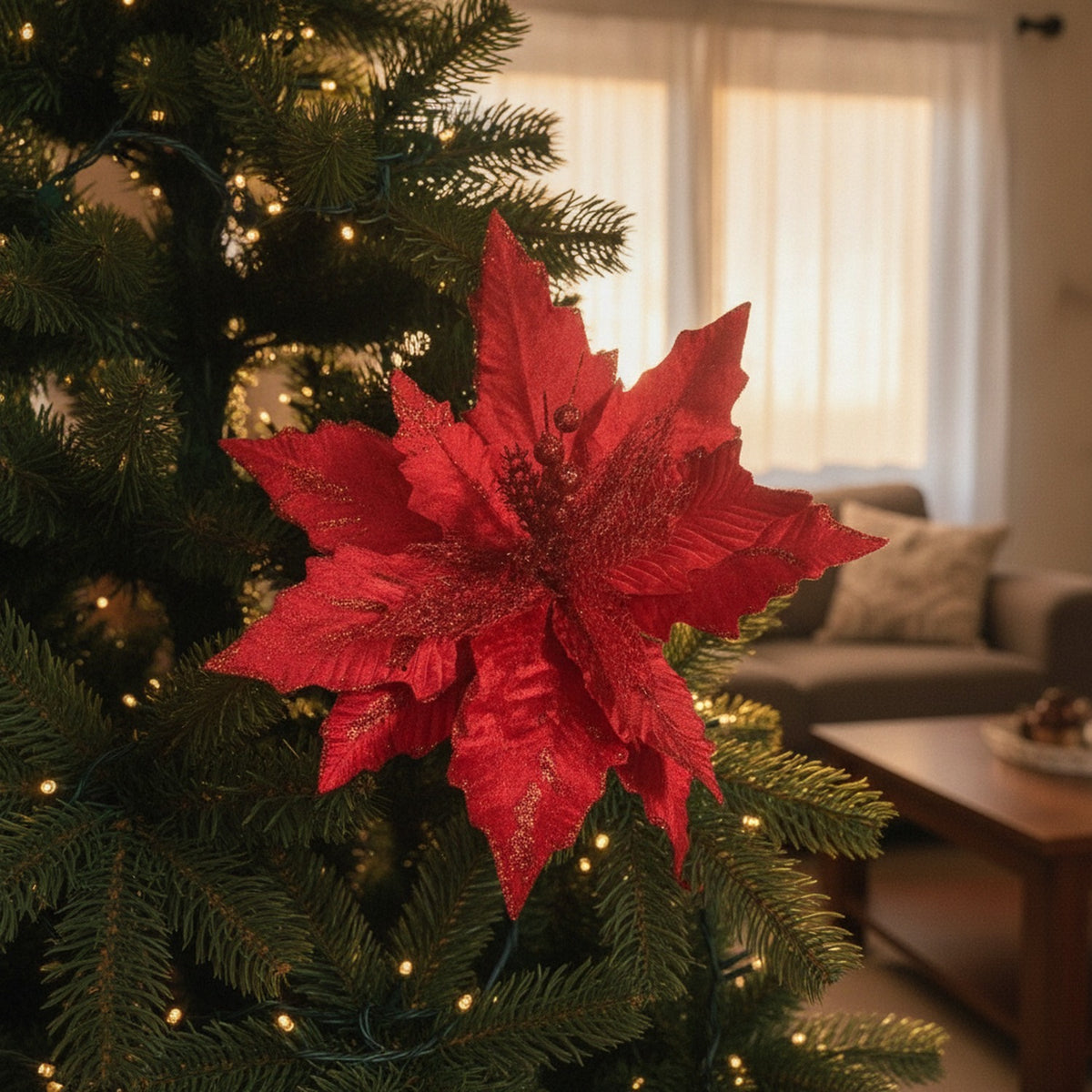 Set 3 Flores Poinsettia Tallo 30cm Navidad