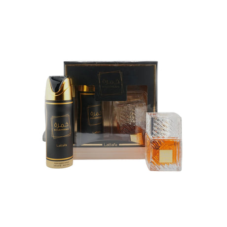 Lattafa Khamrah Edp 100 Ml + Deo Spray 200 Ml Set 2 Pcs. Disfruta de una fragancia duradera y fresca. ¡Compra hoy y eleva tu estilo!-1