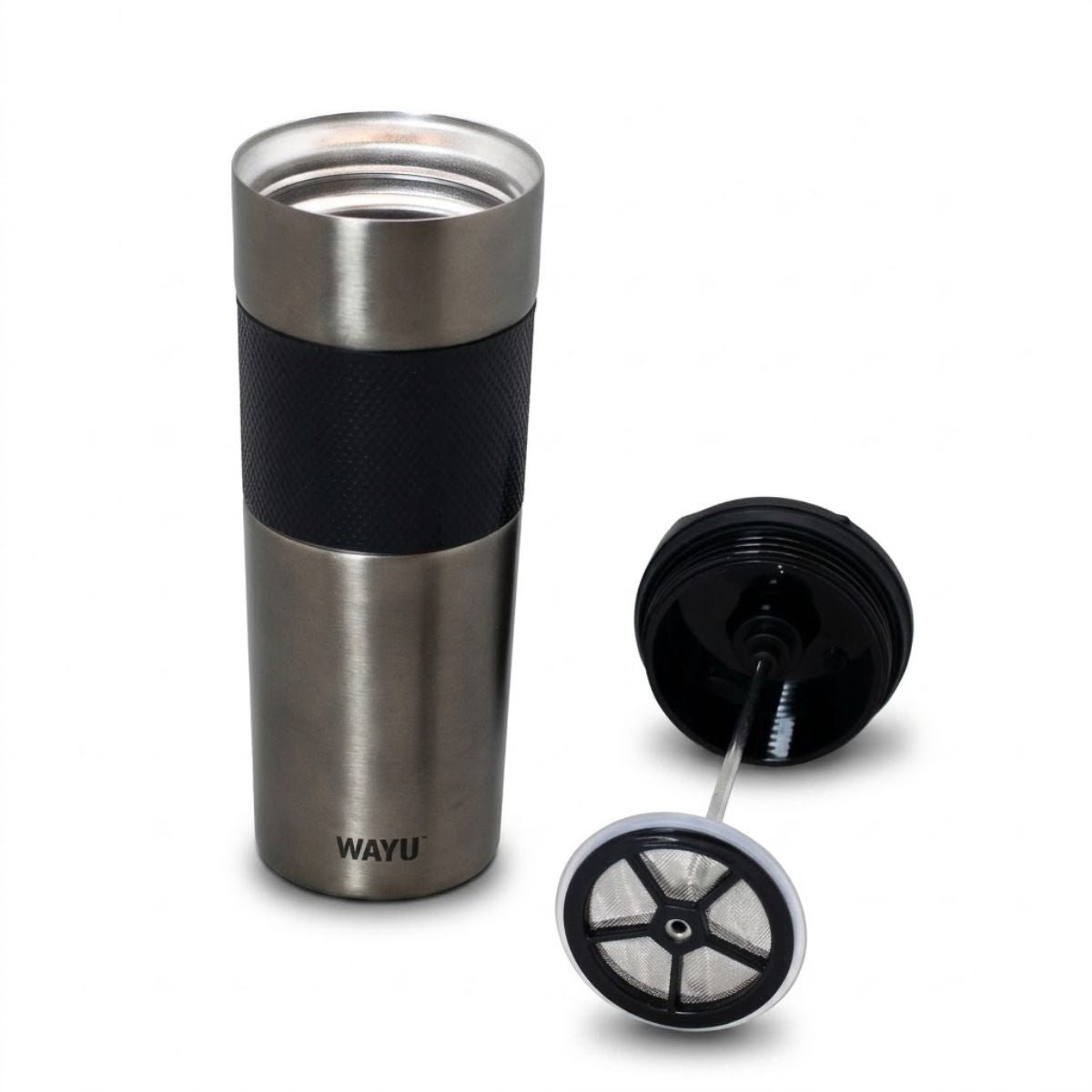 Mug Térmico con Prensa Francesa Black 450ml Wayu en 2 partes fondo blanco | Disparo.cl