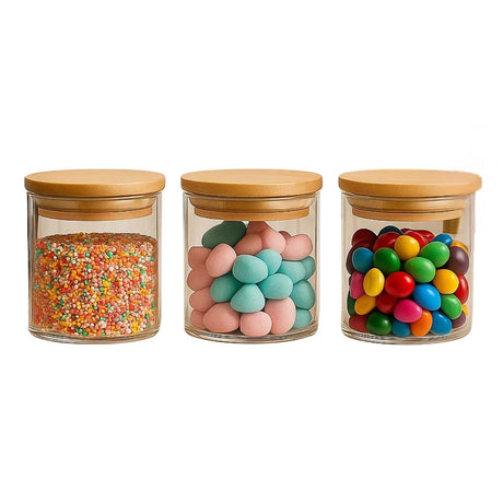 Set 3 Frascos Tarro Hermetico 200mL Vidrio 8cm Tapa De Bambú