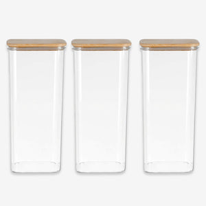 Set 3 Frascos Hermeticos 600mL Cuadrado Vidrio 18cm Tapa Bambú