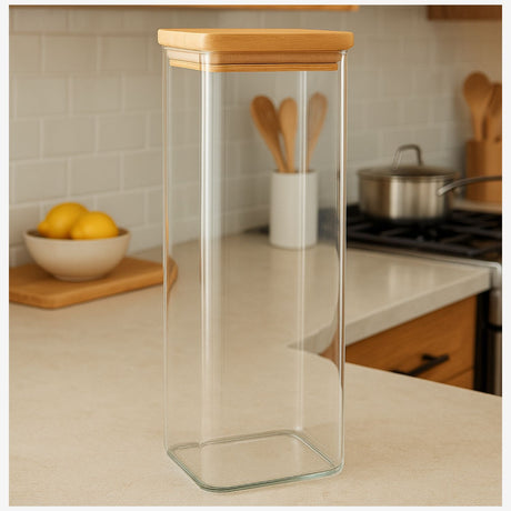 Frasco Tarro Hermetico 680mL Cuadrado De Vidrio 20cm Tapa Bambú