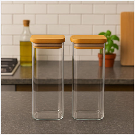 Set 2 Frascos Hermetico 680mL Cuadrado Vidrio 20cm Tapa Bambú