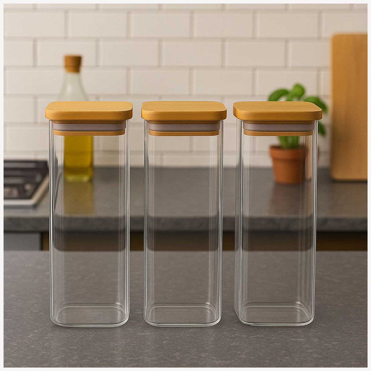 Set 3 Frascos Hermetico 680mL Cuadrado Vidrio 20cm Tapa Bambú