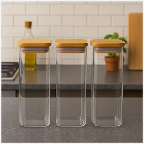 Set 3 Frascos Hermetico 680mL Cuadrado Vidrio 20cm Tapa Bambú