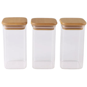 Set 3 Frasco Hermetico 600mL Vidrio Cuadrado 12cm Bambú