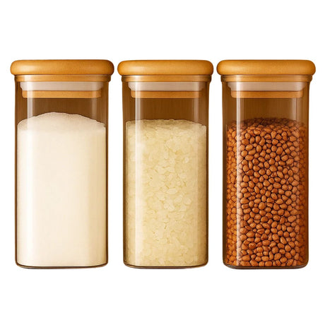 Set 3 Frascos Hermeticos Cuadrado 1100mL Vidrio 12cm Tapa Bambú