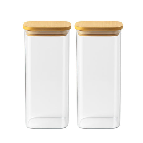 Set 2 Frascos Hermeticos Cuadrado 1400mL Vidrio 15cm Tapa Bambú