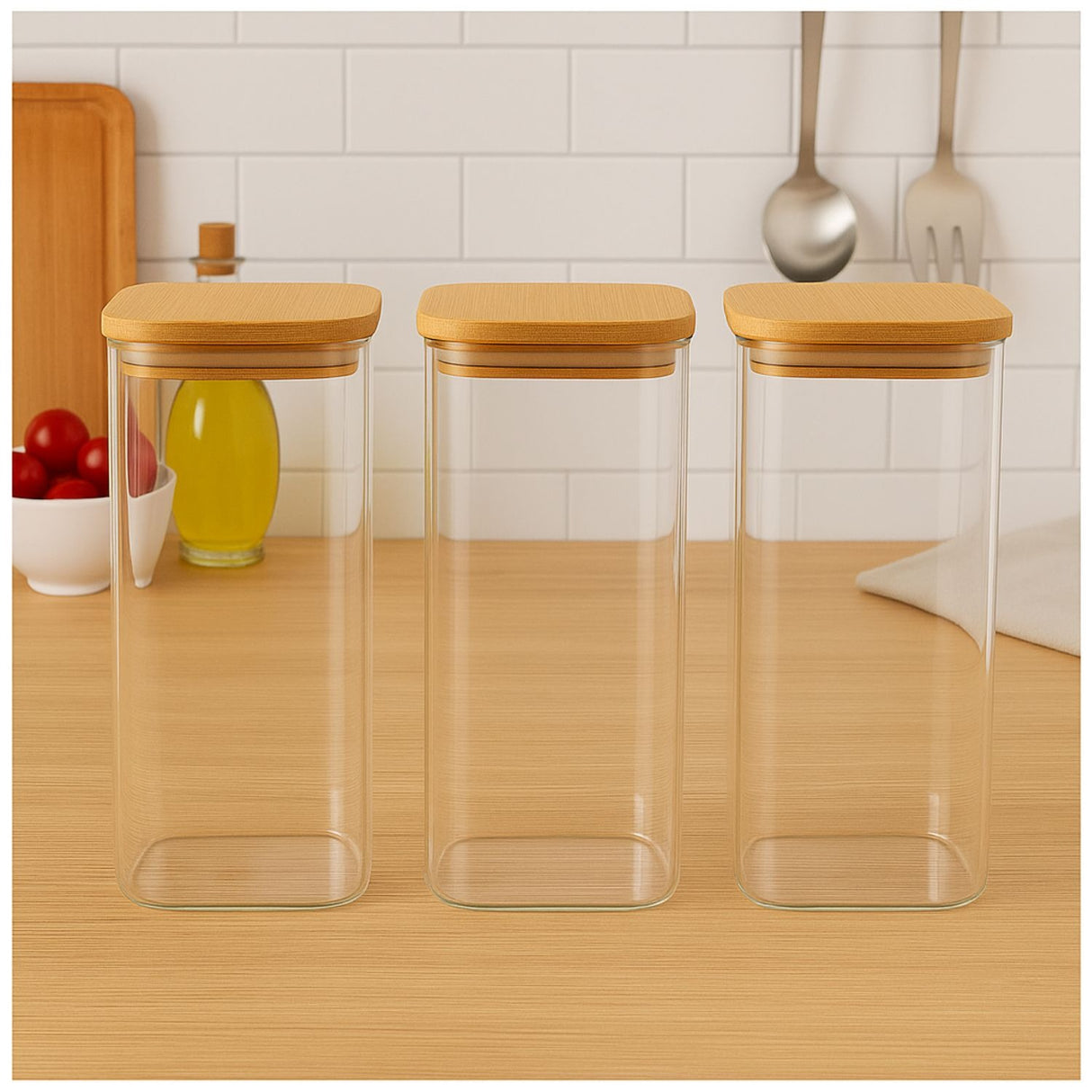 Set 3 Frascos Hermeticos Cuadrado 1400mL Vidrio 15cm Tapa Bambú