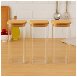 Set 3 Frascos Hermeticos Cuadrado 1400mL Vidrio 15cm Tapa Bambú