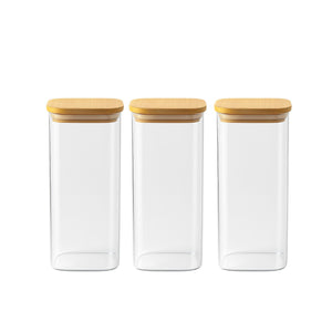 Set 3 Frascos Hermeticos Cuadrado 1400mL Vidrio 15cm Tapa Bambú