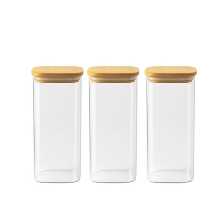 Set 3 Frascos Hermeticos Cuadrado 1400mL Vidrio 15cm Tapa Bambú