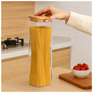 Set 2 Frascos Hermeticos Cuadrado 2400mL Vidrio 25cm Bambú