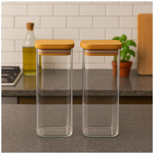 Set 2 Frascos Hermeticos Cuadrado 2400mL Vidrio 25cm Bambú