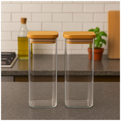 Set 2 Frascos Hermeticos Cuadrado 2400mL Vidrio 25cm Bambú