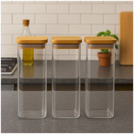 Set 3 Frascos Hermeticos Cuadrado 2400mL Vidrio 25cm Bambú