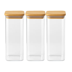 Set 3 Frascos Hermeticos Cuadrado 2400mL Vidrio 25cm Bambú