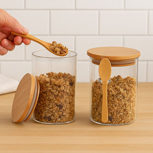 Set 2 Frascos Hermeticos 700mL 10cm Redondo Cuchara Tapa Bambú