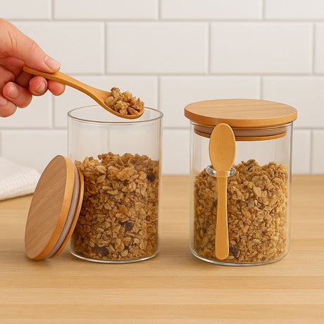 Set 2 Frascos Hermeticos 700mL 10cm Redondo Cuchara Tapa Bambú