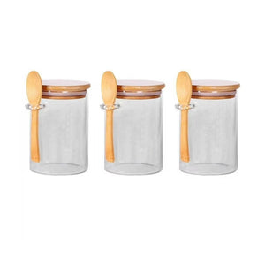 Set 3 Frascos Hermeticos 700mL 10cm Redondo Cuchara Tapa Bambú