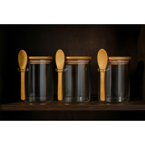 Set 3 Frascos Hermeticos 700mL 10cm Redondo Cuchara Tapa Bambú