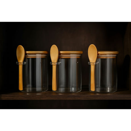 Set 3 Frascos Hermeticos 700mL 10cm Redondo Cuchara Tapa Bambú