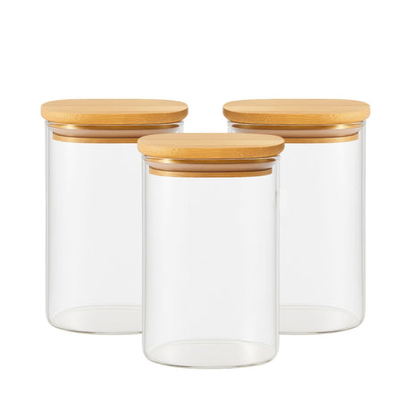 Set 3 Frascos Hermeticos 860mL 12cm Redondo Cuchara Tapa Bambú