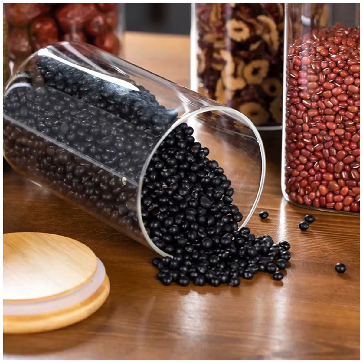 Set 3 Frascos Hermeticos 860mL 12cm Redondo Cuchara Tapa Bambú