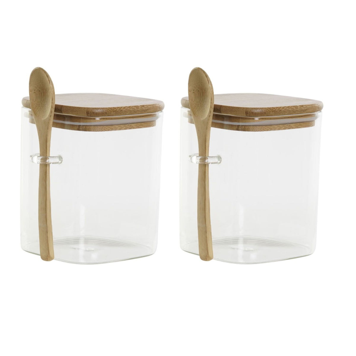 Set 2 Frascos Contenedores 570mL 10cm Cuadrado Cuchara Bambú