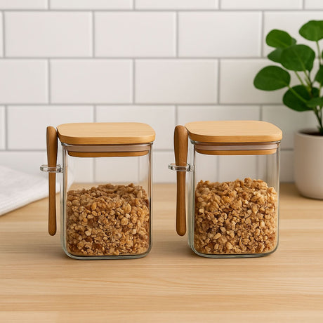 Set 2 Frascos Contenedores 570mL 10cm Cuadrado Cuchara Bambú
