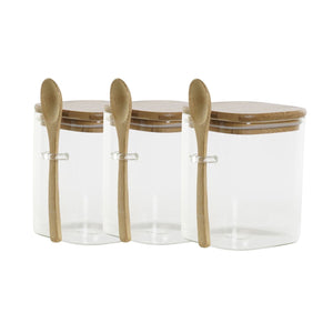 Set 3 Frascos Contenedores 570mL 10cm Cuadrado Cuchara Bambú