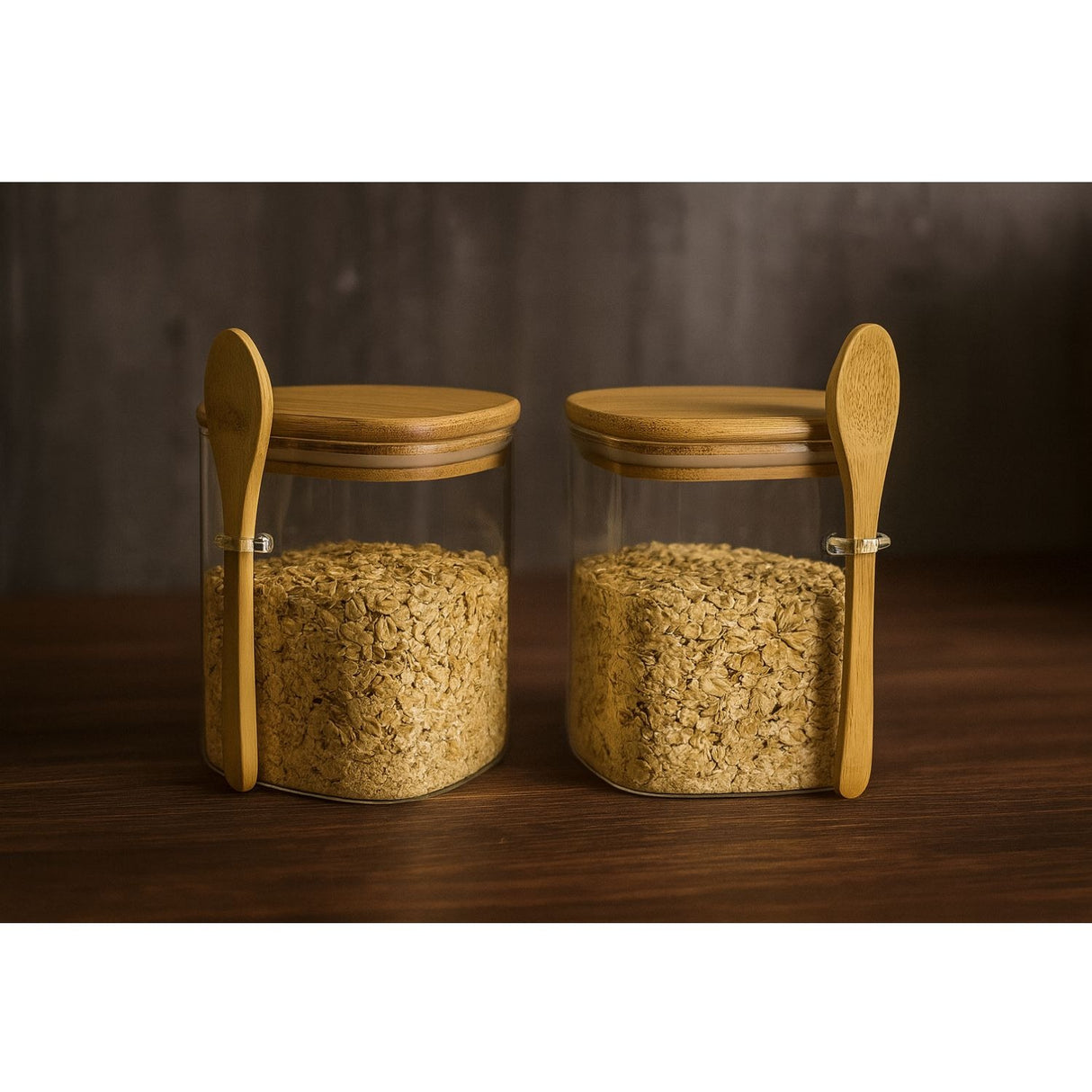 Set 2 Frascos Contenedores 700mL 12cm Cuadrado Cuchara Bambú