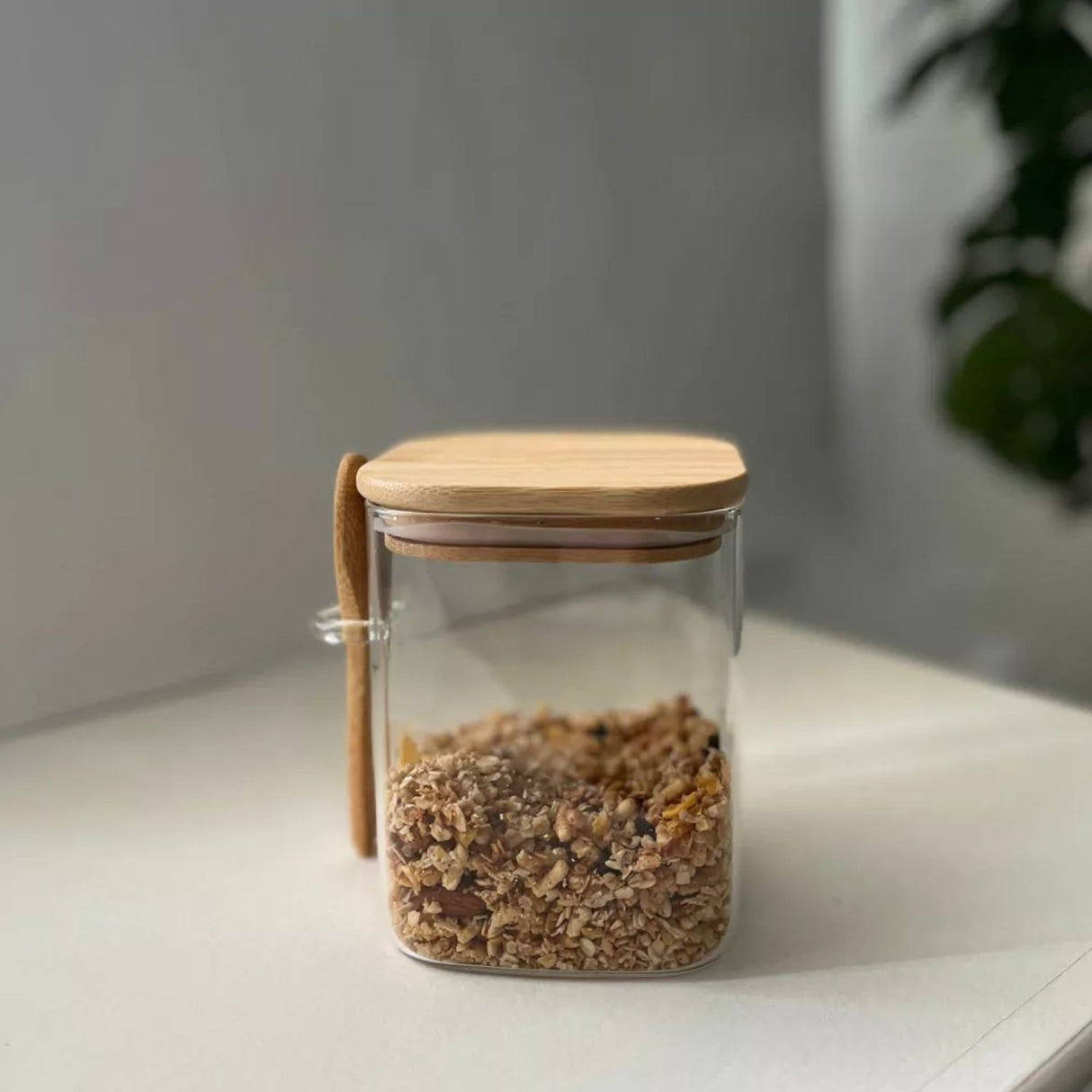Set 2 Frascos Contenedores 700mL 12cm Cuadrado Cuchara Bambú